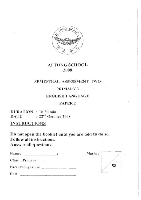 Ai Tong P3 Eng SA2 2008 exam paper PDF preview