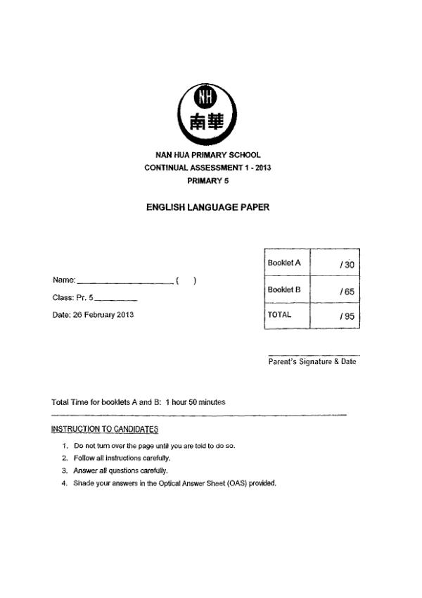 Nan Hua P5 Eng WA1 2013 exam paper PDF preview