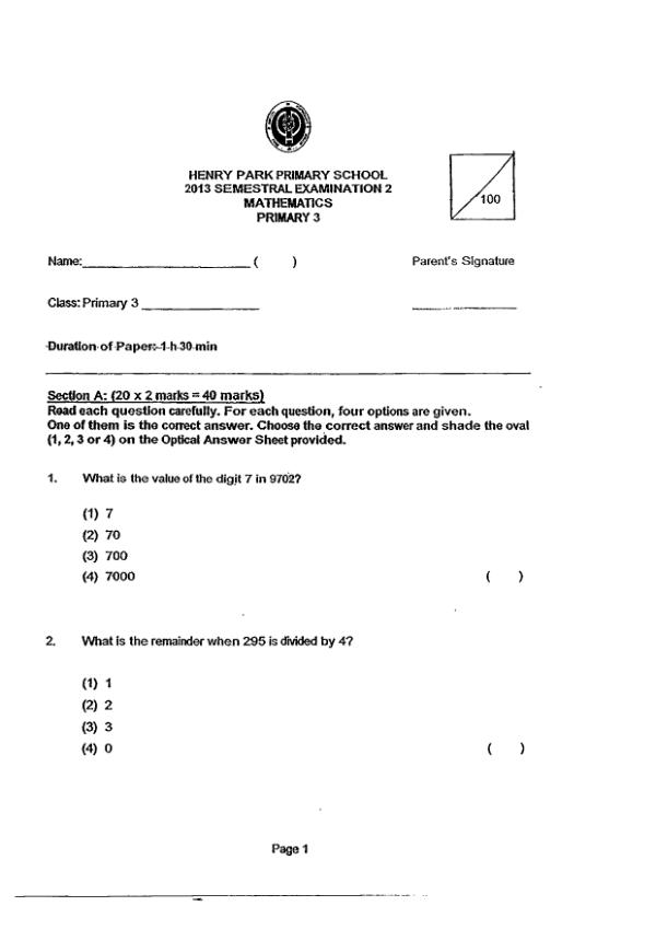 Henry Park P3 Math SA2 2013 exam paper PDF preview