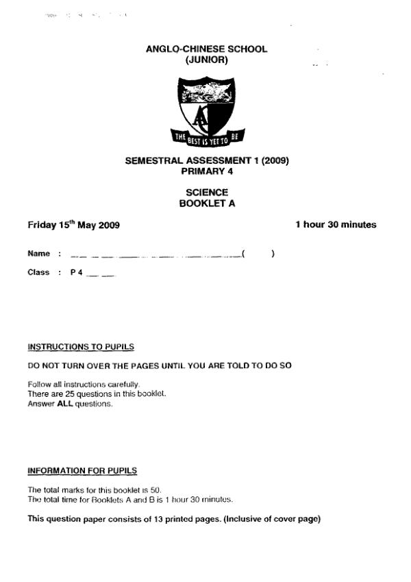 Anglo Chinese P4 Sci WA2 2009 exam paper PDF preview