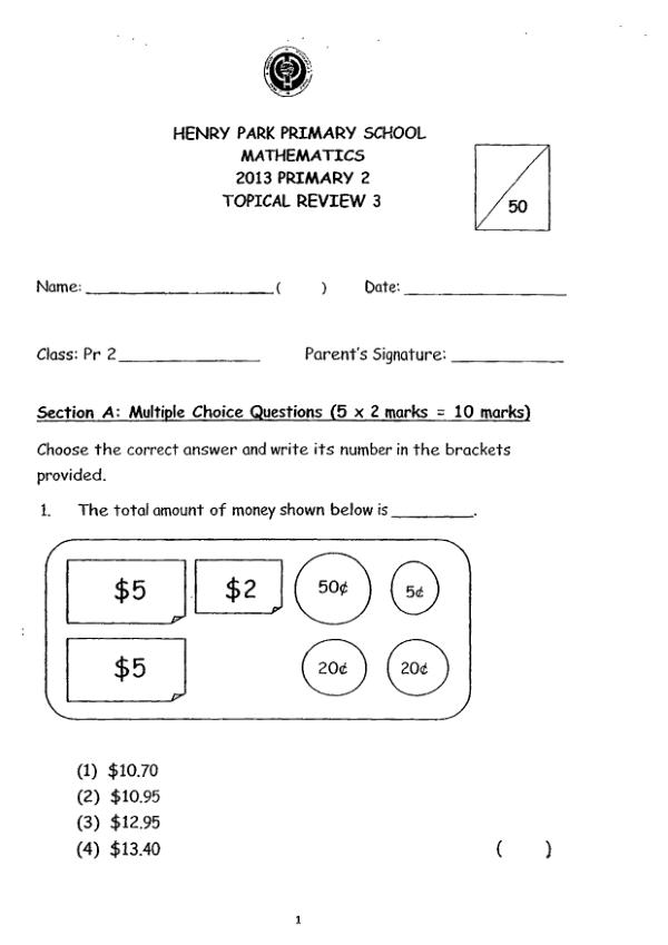 Henry Park P2 Math WA3 2013 exam paper PDF preview