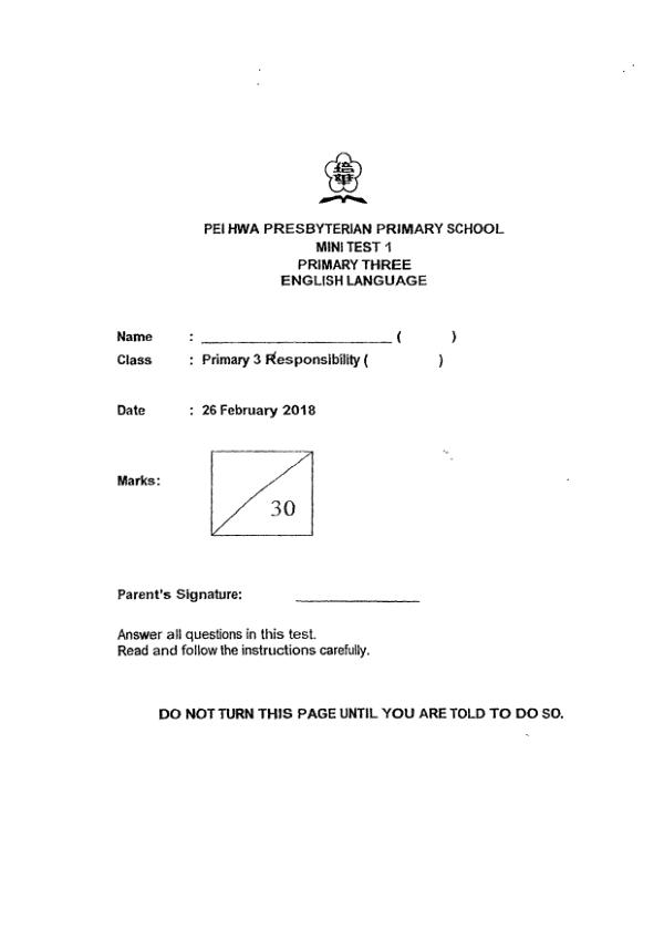 Pei Hwa P3 Eng WA1 2018 exam paper PDF first page preview