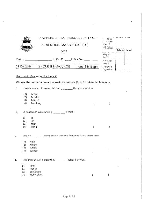 Raffles Girls P3 Eng SA2 2008 exam paper PDF preview