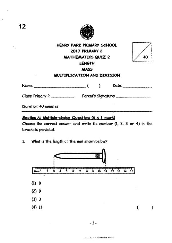 First page preview of P2 Math 2017 WA2 — Henry Park