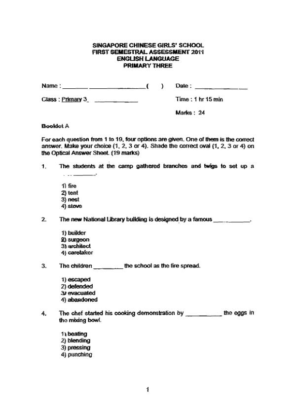 Singapore Chinese Girls P3 Eng WA2 2011 exam paper PDF preview