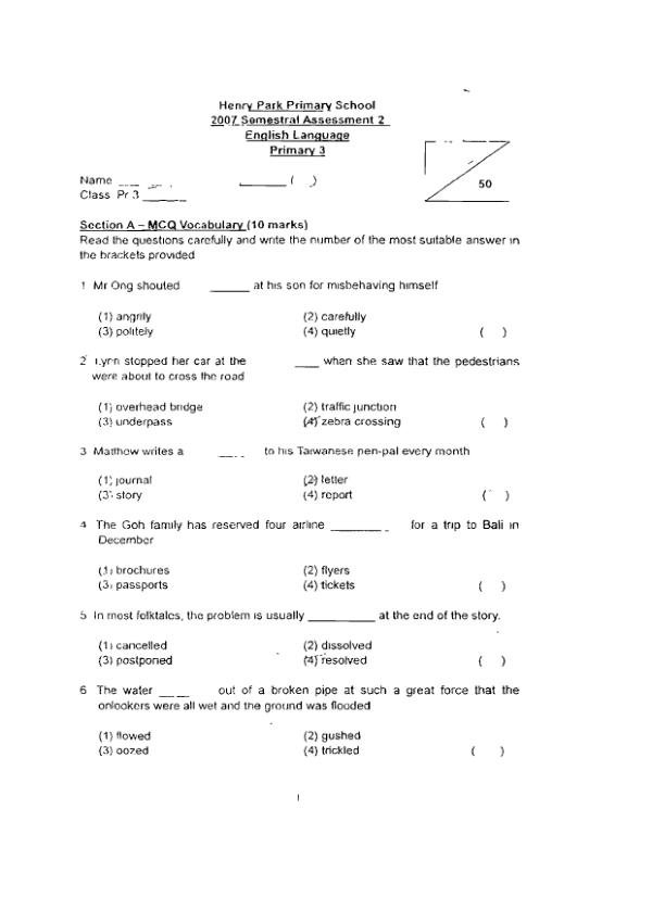 Henry Park P3 Eng SA2 2007 exam paper PDF first page preview