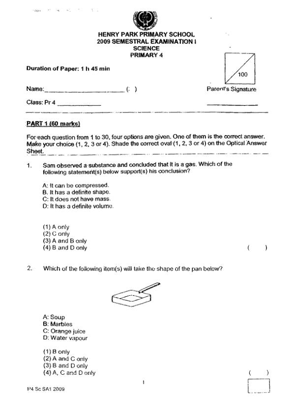 Henry Park P4 Sci WA2 2009 exam paper PDF first page preview