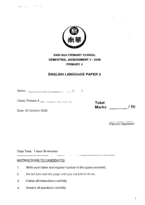 Nan Hua P4 Eng SA2 2009 exam paper PDF preview