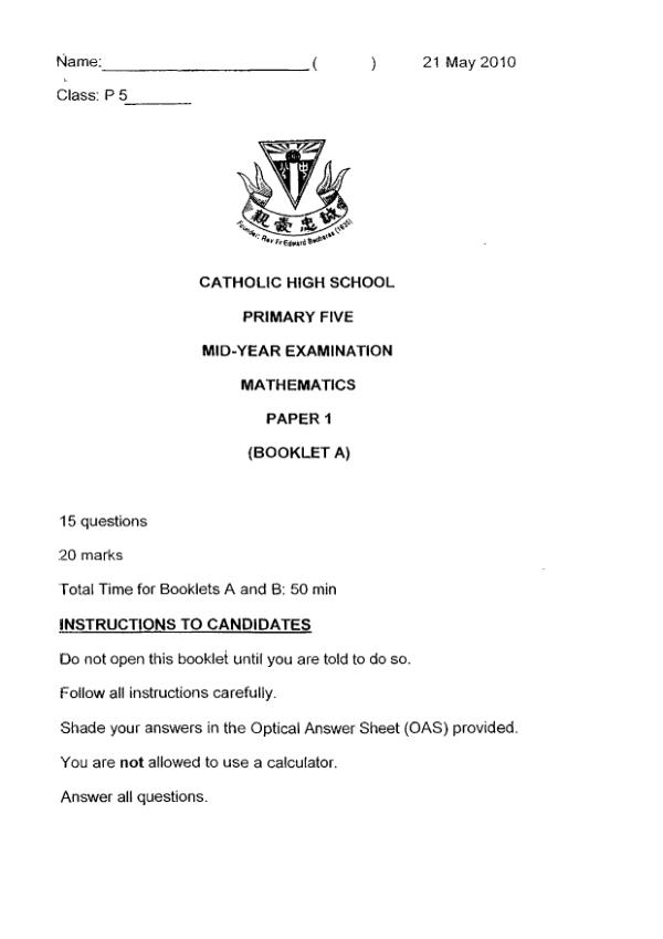 Catholic High P5 Math WA2 2010 exam paper PDF first page preview