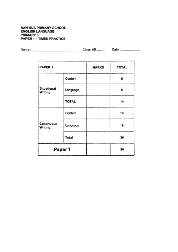 Nan Hua P6 Eng WA1 2025 exam paper PDF first page preview