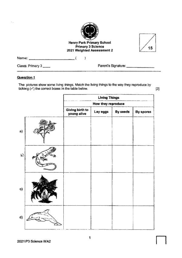 Henry Park P3 Sci WA2 2021 exam paper PDF preview