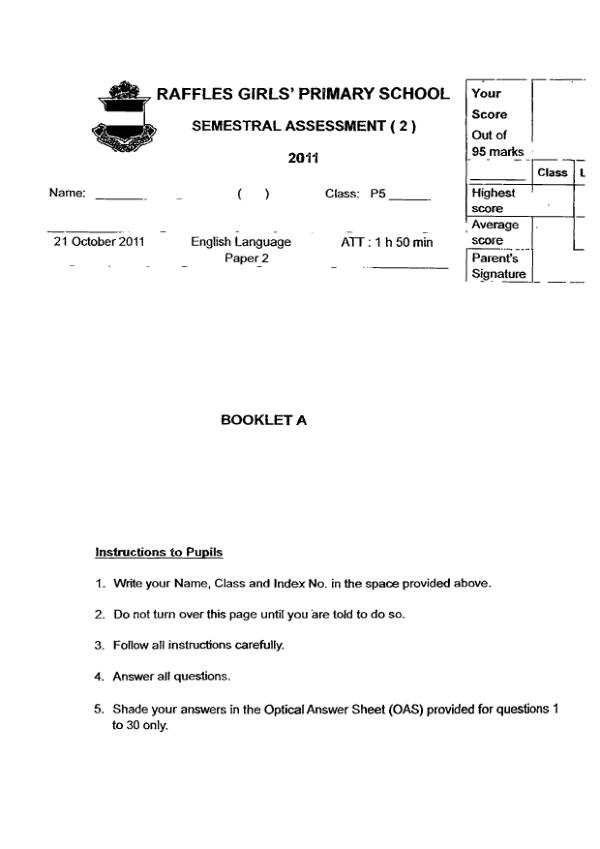 Raffles Girls P5 Eng SA2 2011 exam paper PDF first page preview