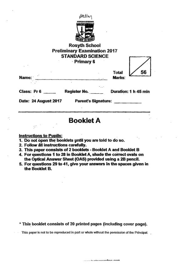 Rosyth P6 Sci SA2 2017 exam paper PDF preview