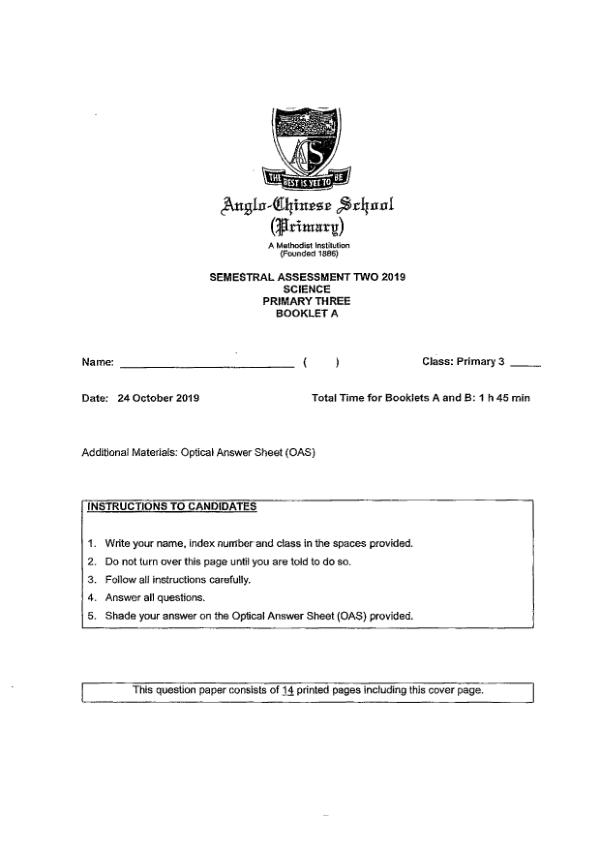 Anglo Chinese P3 Sci SA2 2019 exam paper PDF first page preview