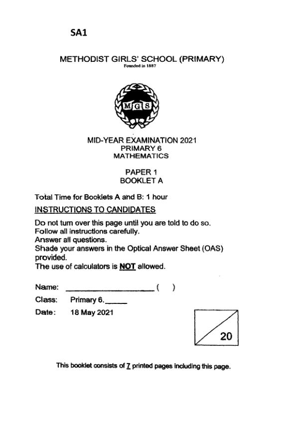First page preview of P6 Math 2021 WA2 — Methodist Girls