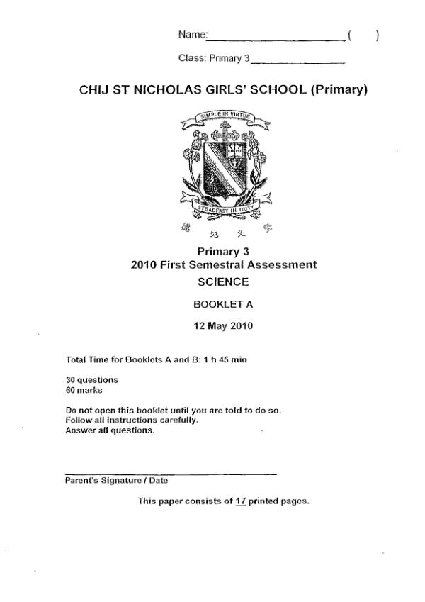 CHIJ P3 Sci WA2 2010 exam paper PDF preview