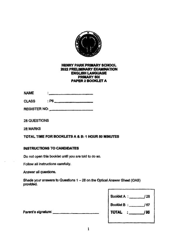 Henry Park P6 Eng SA2 2022 exam paper PDF preview