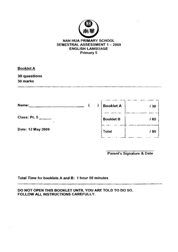 Nan Hua P5 Eng WA2 2009 exam paper PDF preview