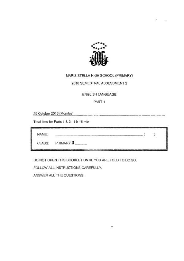 Maris Stella High P3 Eng SA2 2018 exam paper PDF first page preview