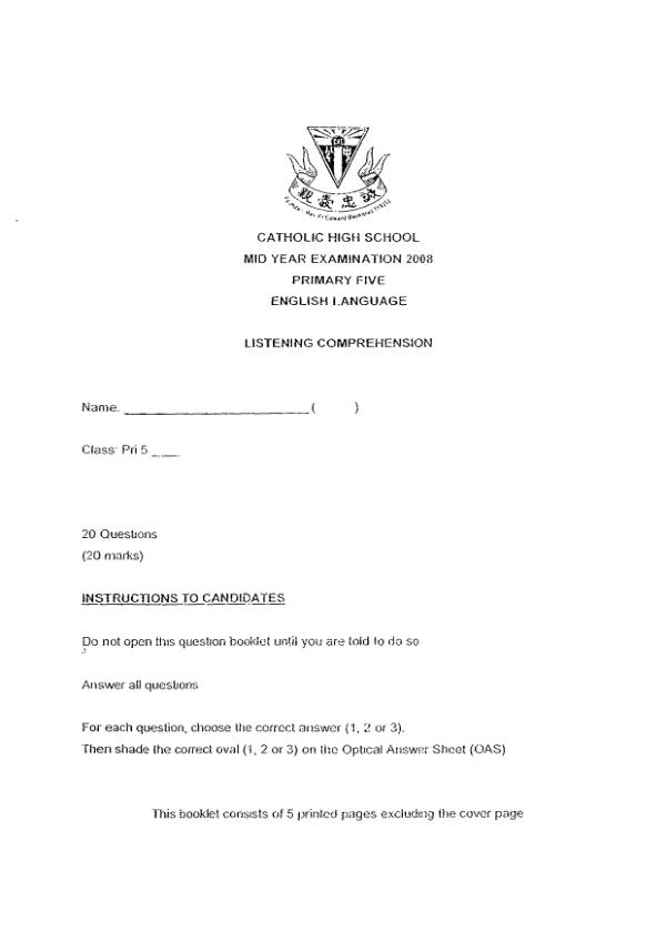 Catholic High P5 Eng WA2 2008 exam paper PDF preview