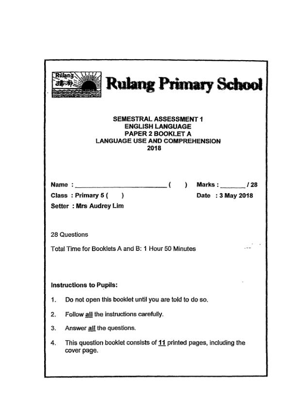 Rulang P5 Eng WA2 2018 exam paper PDF first page preview