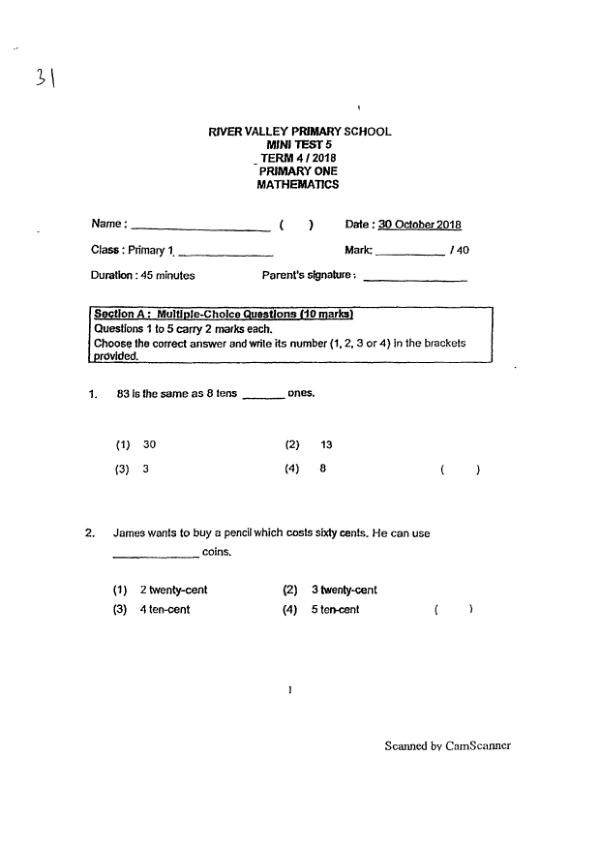 First page preview of P1 Math 2018 WA2 — River Valley
