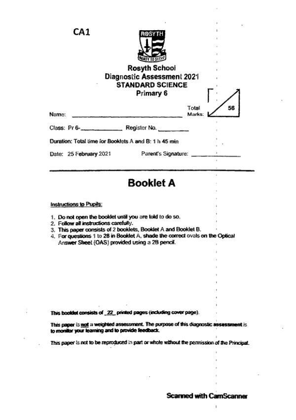 Rosyth P6 Sci WA1 2021 exam paper PDF first page preview