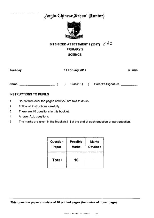 Anglo Chinese P3 Sci WA1 2017 exam paper PDF preview