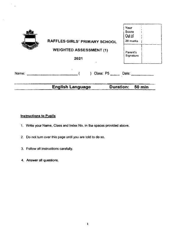 Raffles Girls P5 Eng WA1 2021 exam paper PDF preview