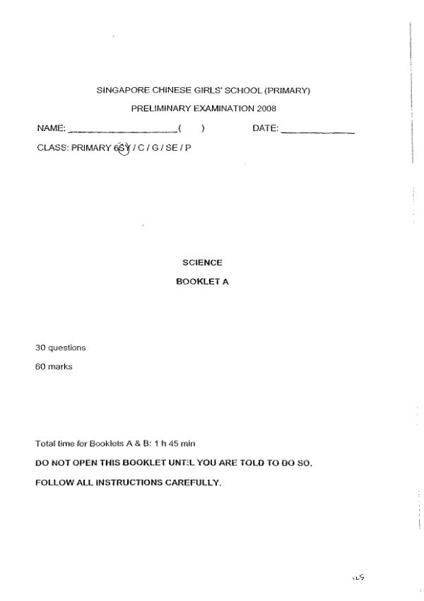Singapore Chinese Girls P6 Sci SA2 2008 exam paper PDF preview