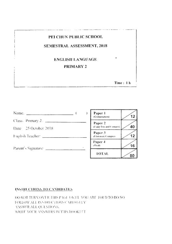 Pei Chun P2 Eng SA2 2018 exam paper PDF first page preview