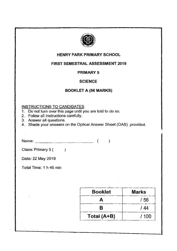 Henry Park P5 Sci WA2 2019 exam paper PDF first page preview