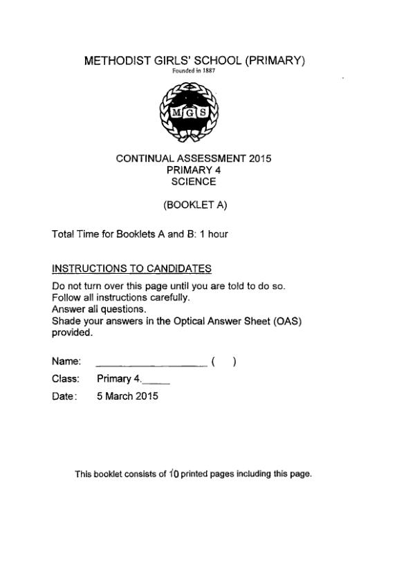 Methodist Girls P4 Sci WA1 2015 exam paper PDF preview