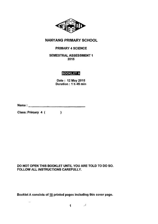 Nanyang P4 Sci WA2 2015 exam paper PDF first page preview