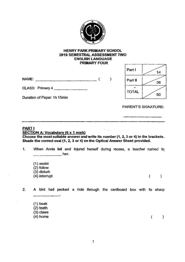 Henry Park P4 Eng SA2 2019 exam paper PDF first page preview