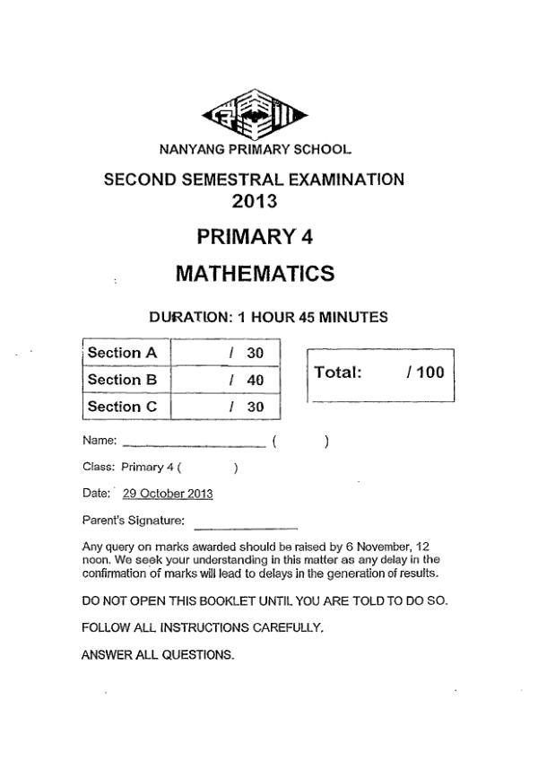 Nanyang P4 Math SA2 2013 exam paper PDF first page preview