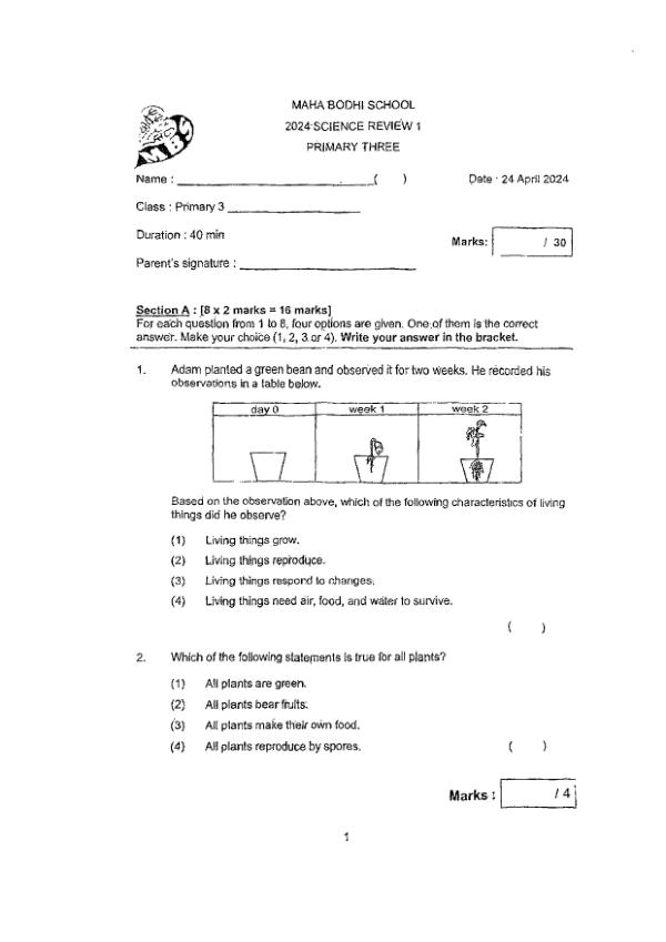 First page preview of P3 Sci 2024 WA1 — Maha Bodhi