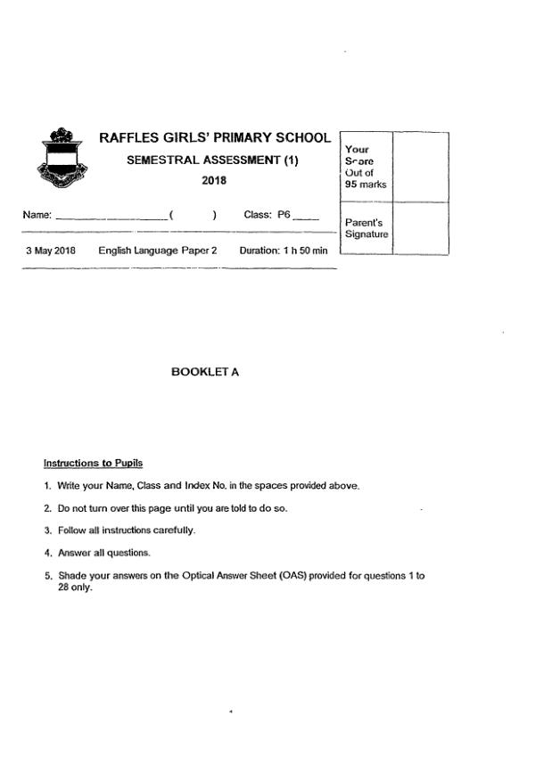 Raffles Girls P6 Eng WA2 2018 exam paper PDF first page preview