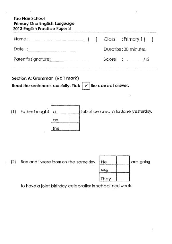 Tao Nan P1 Eng WA3 2013 exam paper PDF preview