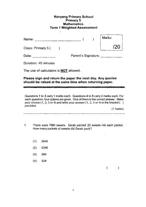 First page preview of P5 Math 2021 WA1 — Nanyang