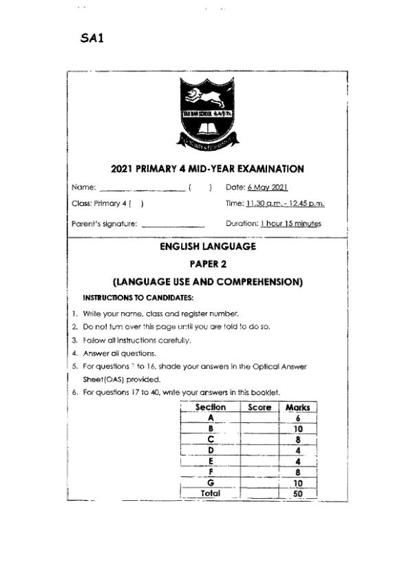 Tao Nan P4 Eng WA2 2021 exam paper PDF first page preview