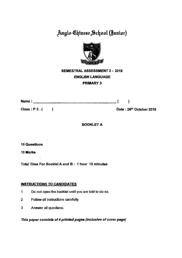 Anglo Chinese P3 Eng SA2 2018 exam paper PDF first page preview