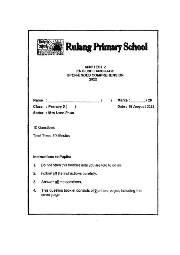 Rulang P5 Eng WA3 2022 exam paper PDF first page preview