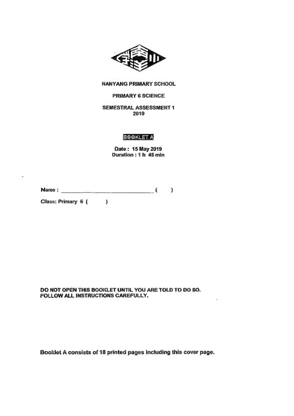 Nanyang P6 Sci WA2 2019 exam paper PDF first page preview