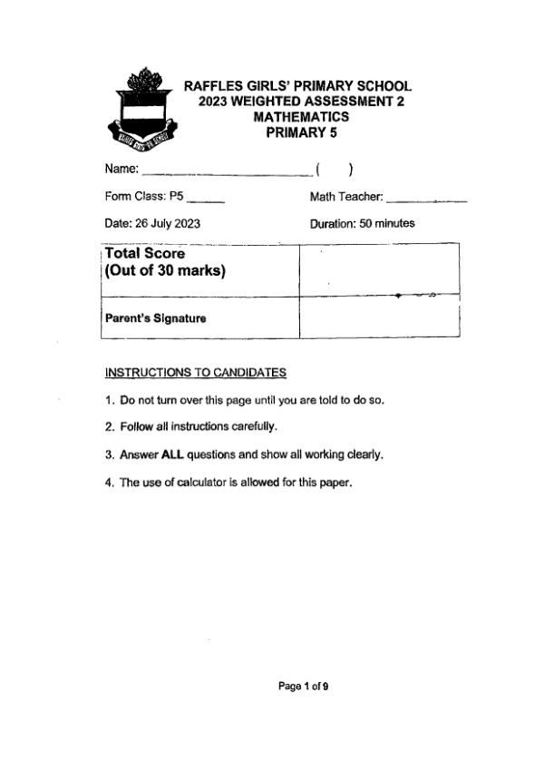 First page preview of P5 Math 2023 WA2 — Raffles Girls