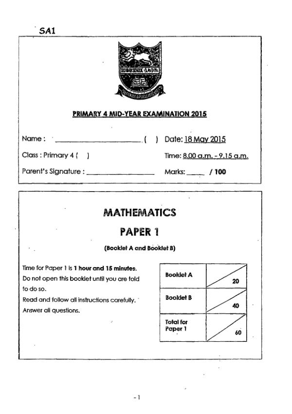 First page preview of P4 Math 2015 WA2 — Tao Nan