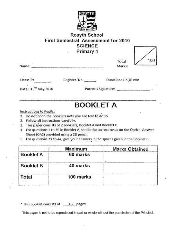 Rosyth P4 Sci WA2 2010 exam paper PDF first page preview
