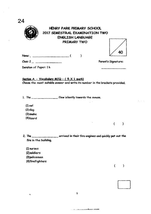 Henry Park P2 Eng SA2 2017 exam paper PDF preview