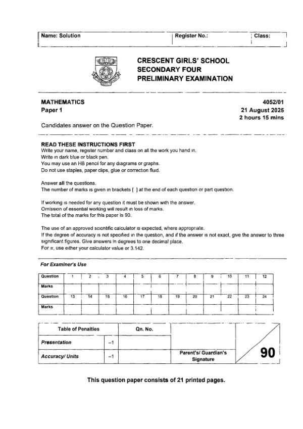 Crescent Girls Sec4 E_Maths Prelim 2025 exam paper PDF preview