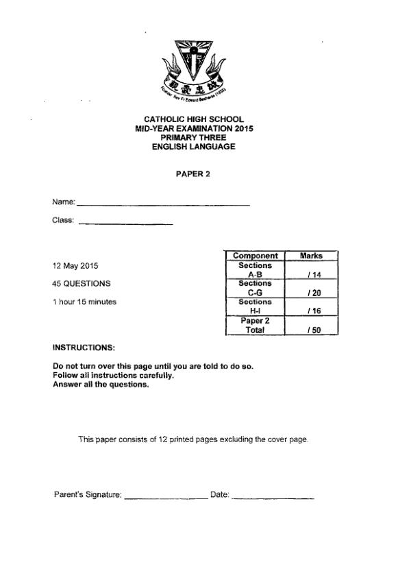 Catholic High P3 Eng WA2 2015 exam paper PDF preview